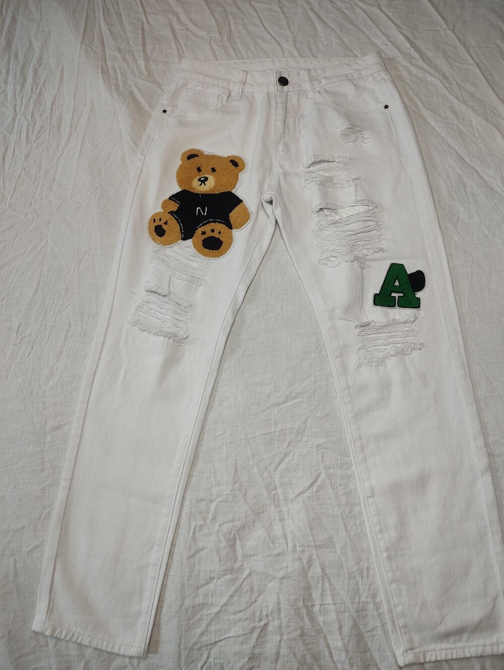 Men White Distressed Jeans Teddy Bear  Green 'A' Patch 30 Straight Corton